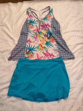 Beach House Turquoise and White Swim Top with Geometric Accent